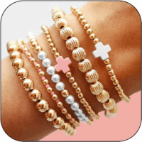 Gold Beaded Bracelet Set for Women Non Tarnish Chunky Stretch Paperclip Cross Pearl Stackable Jewelry - Image 2