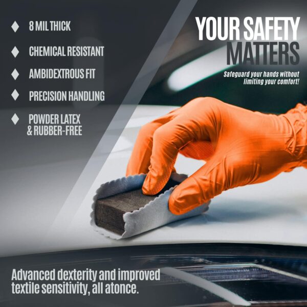 Maxx Strength Nitrile Industrial Orange Gloves, 8 Mil Thick - Diamond Texture Disposable Heavy-Duty, Tear-Resistant - Image 4