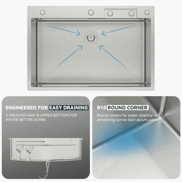 33 Waterfall Kitchen Sink - 33X22 Drop in Sinks Stainless Steel Single Bowl 16 Gauge Smart Workstation Sink with Faucet Combo Glass Rinser Topmount Multifunctional Waterfall Sinks - Image 5