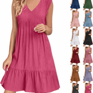 Womens Summer Dress Sleeveless V Neck Mini Dresses Fashion Casual Flowy Boho Ruffle a Line Swing Sundress 2025