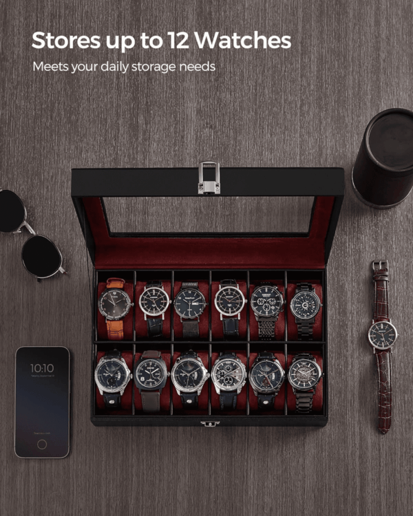 Watch Box, 12-Slot Watch Case with Large Glass Lid, Removable Watch Pillows, Watch Box Organizer, Gift for Loved Ones, Black Synthetic Leather, Wine Red Lining UJWB120R01 - Image 4