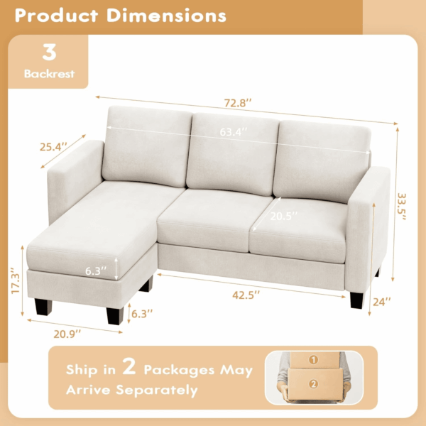 Convertible Sectional Sofa Couch, 3 Seat L-Shaped Sofa with Linen Fabric Ottoman Small Couch for Small Apartments, Living Room and Office (Linen Fabric, White) - Image 2