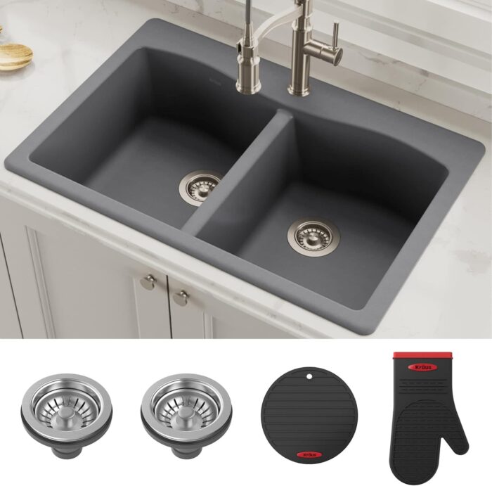 Forteza™ 33” Dual Mount 50/50 Double Bowl Granite Kitchen Sink in Grey, KGD-52GREY - Image 11