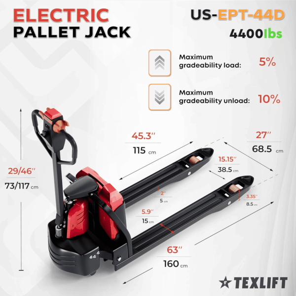 Full Electric Power Pallet Jack – Standard Duty Pallet Lift Truck 4400 Lbs Capacity, 48” L X 27” W Fork Size, Plug-In 48V/20Ah Lithium Battery – Max Lift Height 8 Inch - Image 2
