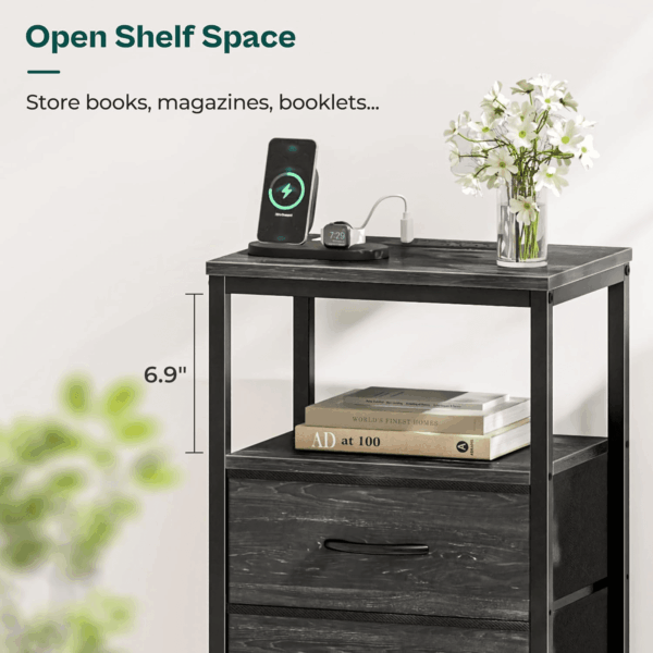 Nightstand with Charging Station, Fabric Drawers, End Table with Open Shelf, Bedside Table with USB Ports and Outlets, Night Stand for Bedroom, Charcoal Black Wood Grain Print - Image 8
