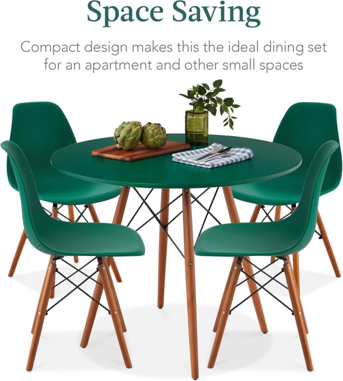 5-Piece Dining Set, Compact Mid-Century Modern Table & Chair Set for Home, Apartment W/ 4 Chairs, Plastic Seats, Wooden Legs, Metal Frame - Dark Green/Walnut - Image 7