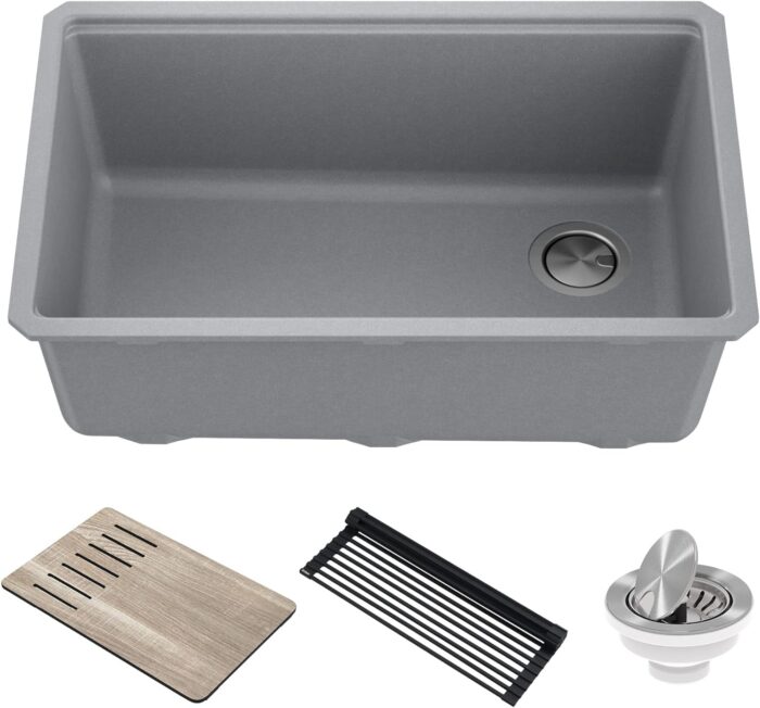 Kitchen Sink Bellucci 30” Undermount Workstation Granite, Metallic Gray, Accessories, KGUW2-30MGR