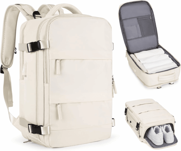 Beige Travel Backpack for Women Men Airline Approved Personal Item Carry on Flight Approved Waterproof Backpack for Traveling on Airplane Weekender Travel Bag