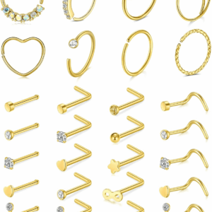 20G Stainless Steel Nose Rings Hoop L Shape Nose Studs Nose Screw Bone Silver Rose Gold Black Rainbow Pack for Women Men 28Pcs