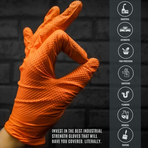 Maxx Strength Nitrile Industrial Orange Gloves, 8 Mil Thick - Diamond Texture Disposable Heavy-Duty, Tear-Resistant - Image 8