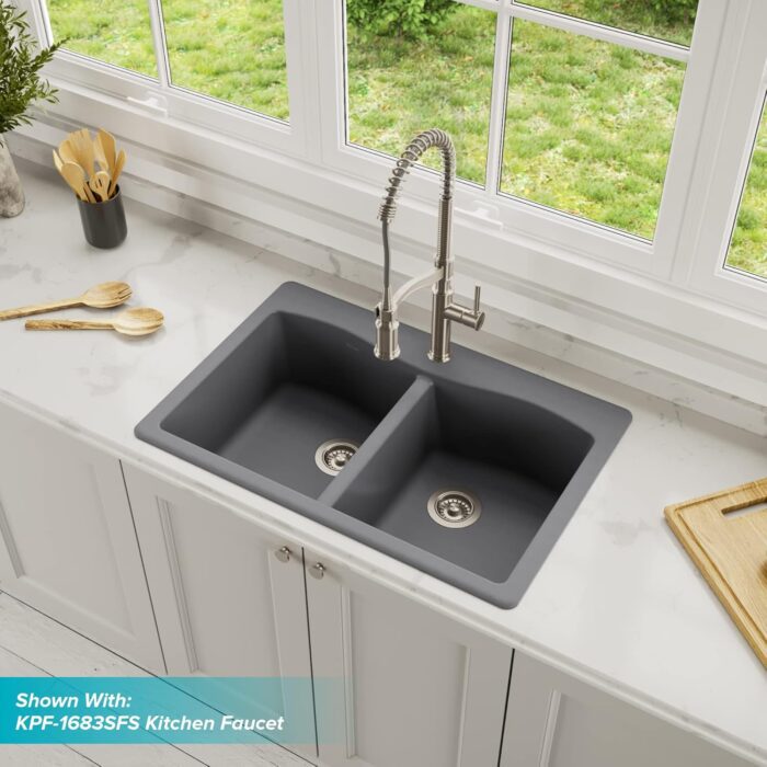 Forteza™ 33” Dual Mount 50/50 Double Bowl Granite Kitchen Sink in Grey, KGD-52GREY - Image 5