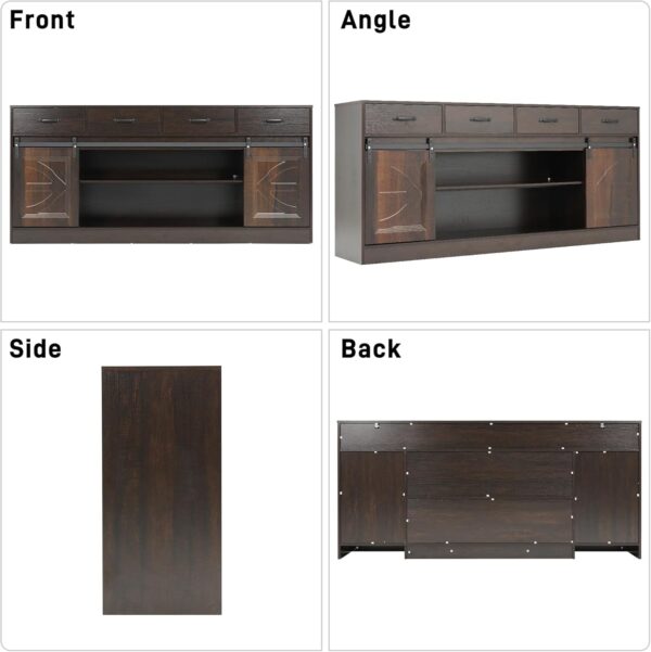 70” Large Sideboard Buffet Cabinet with Storage, Farmhouse Kitchen Buffet Storage Cabinet with 4 Drawers, Coffee Bar Cabinet with Sliding Barn Door, Credenza for Living Room, Dining Room, Brown - Image 8