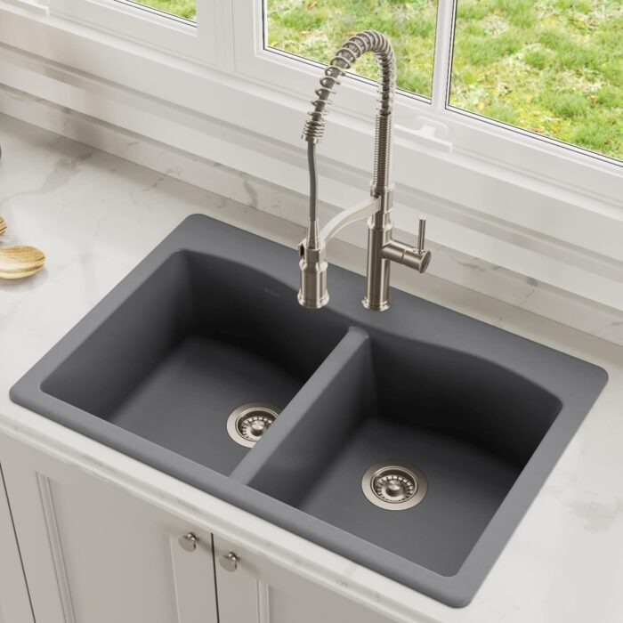 Forteza™ 33” Dual Mount 50/50 Double Bowl Granite Kitchen Sink in Grey, KGD-52GREY - Image 3