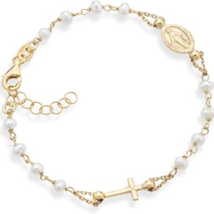 18K Gold over 925 Sterling Silver Handmade Italian 3.5-4Mm White Cultured Freshwater Pearl Rosary Cross Charm Bead Bracelet for Women, Adjustable Link Chain, 925 Italy