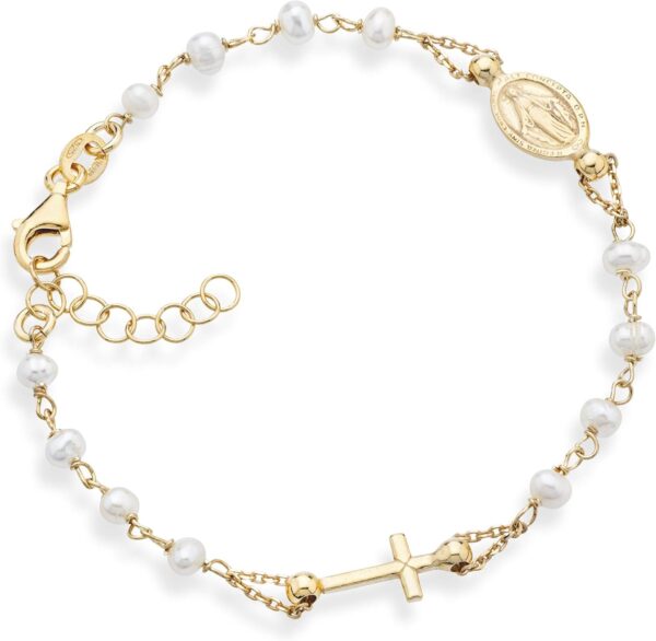 18K Gold over 925 Sterling Silver Handmade Italian 3.5-4Mm White Cultured Freshwater Pearl Rosary Cross Charm Bead Bracelet for Women, Adjustable Link Chain, 925 Italy