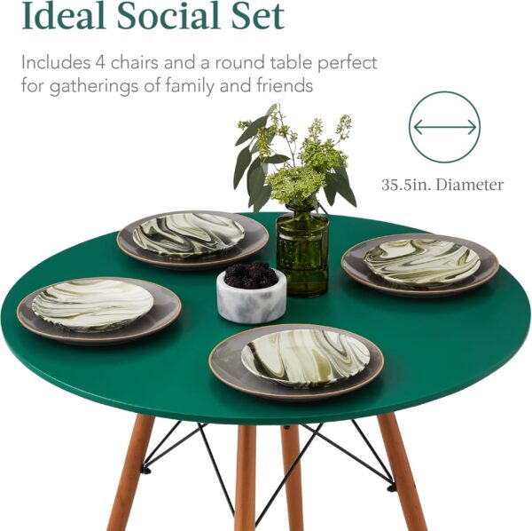 5-Piece Dining Set, Compact Mid-Century Modern Table & Chair Set for Home, Apartment W/ 4 Chairs, Plastic Seats, Wooden Legs, Metal Frame - Dark Green/Walnut - Image 5