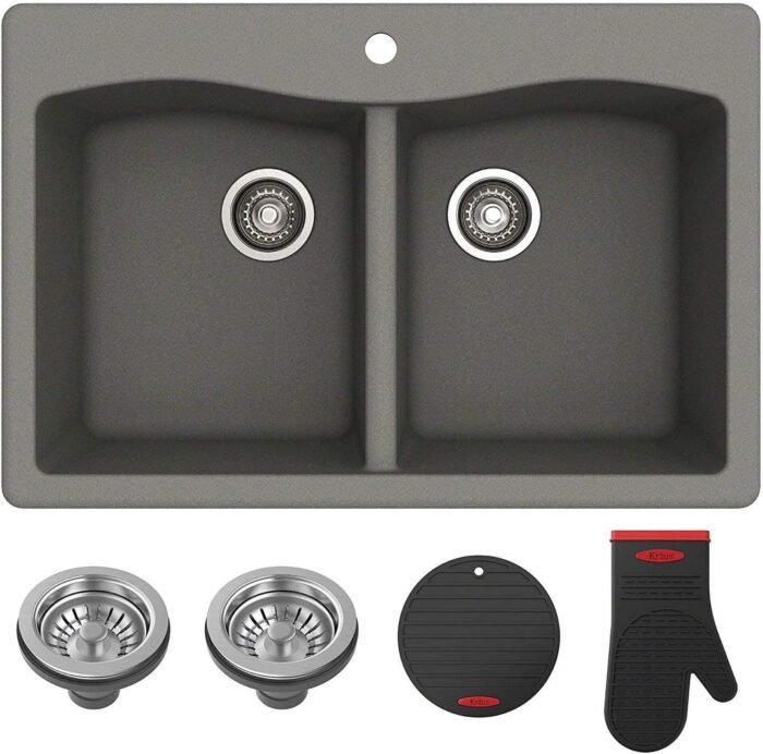 Forteza™ 33” Dual Mount 50/50 Double Bowl Granite Kitchen Sink in Grey, KGD-52GREY