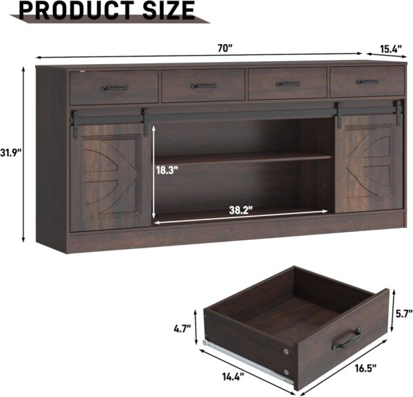 70” Large Sideboard Buffet Cabinet with Storage, Farmhouse Kitchen Buffet Storage Cabinet with 4 Drawers, Coffee Bar Cabinet with Sliding Barn Door, Credenza for Living Room, Dining Room, Brown - Image 3