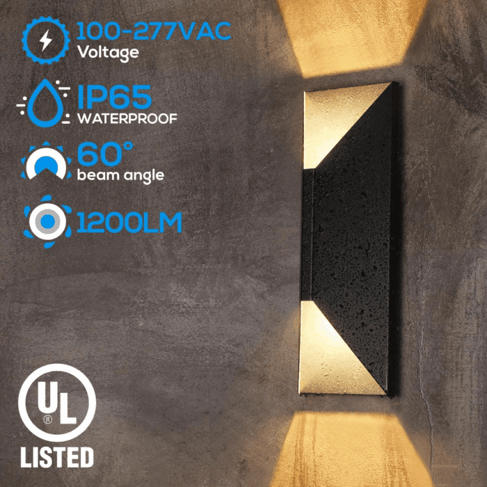 Dimmable LED up down Wall Light, 100-277V, CRI 90+, UL Listed IP65 Waterproof, 10%-100% Dimmable for Commercial Outdoor, 14 Inch Modern Porch Light, 1200LM 3000K, Pack of 2 - Image 4