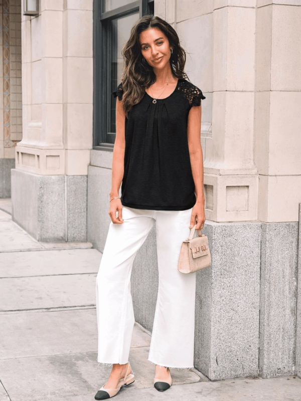 Womens Lace Tops Pleated Short Sleeve Shirts Summer Business Casual Dressy Blouses - Image 5