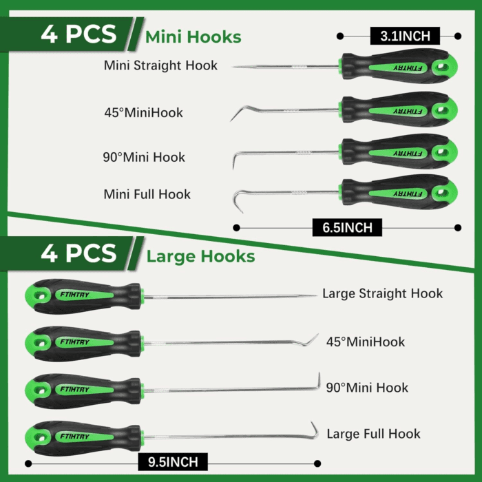 8PCS Pick and Hook Set, Precision Automotive Hook Set, Car Auto Oil Seal/O-Ring Seal Gasket Mini Precision Hooks Puller Remover (Green) - Image 2