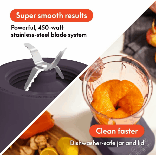 10 Speed Countertop Blender, Juicer & Smoothie Maker, Fits-Anywhere™ Kitchenware, Slim Flip & Store Design, Dishwasher Safe 48Oz Capacity Pitcher & Lid, Stainless Steel Blade, 450 Watt, Plum - Image 4