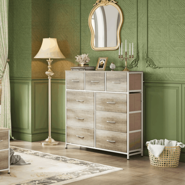9-Drawer Dresser, Fabric Storage Tower for Bedroom, Hallway, Nursery, Closet, Tall Chest Organizer Unit with Fabric Bins, Steel Frame, Wood Top, Easy Pull Handle, Greige - Image 4