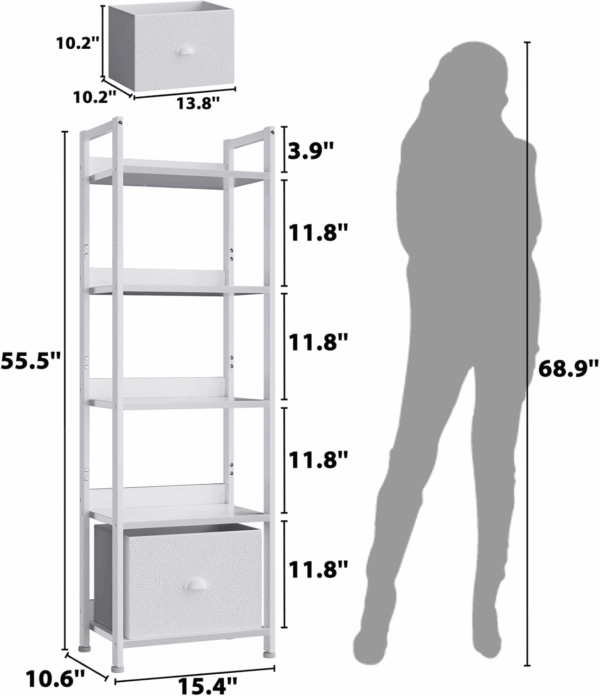 5 Tier Bookshelf with Drawer, Tall Narrow Bookcase with Shelves, Wood and Metal Book Shelf Storage Organizer, Modern Display Standing Shelf Unit for Bedroom, Living Room, Office, White - Image 3