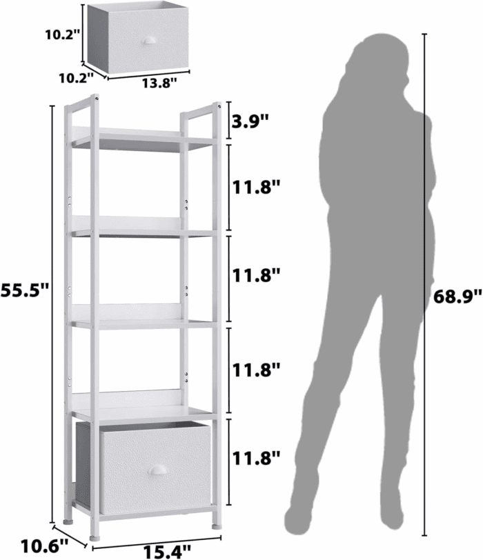 5 Tier Bookshelf with Drawer, Tall Narrow Bookcase with Shelves, Wood and Metal Book Shelf Storage Organizer, Modern Display Standing Shelf Unit for Bedroom, Living Room, Office, White - Image 3