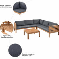 Outdoor Acacia Wood Sectional Sofa Set with Coffee Table and Removable Cushion, Wood Structure Furniture Set, Patio Conversation Set, Water-Resistant, UV Protected, Strong Metal Accessories, Grey - Image 6