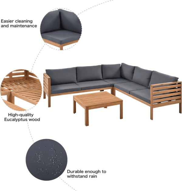 Outdoor Acacia Wood Sectional Sofa Set with Coffee Table and Removable Cushion, Wood Structure Furniture Set, Patio Conversation Set, Water-Resistant, UV Protected, Strong Metal Accessories, Grey - Image 6