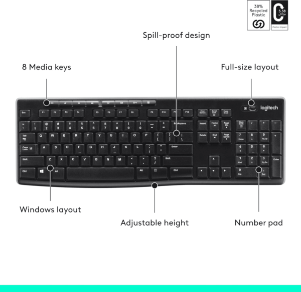K270 Wireless Keyboard for Windows, 2.4 Ghz Wireless, Full-Size, Number Pad, 8 Multimedia Keys, 2-Year Battery Life, Compatible with PC, Laptop, Black - Image 7