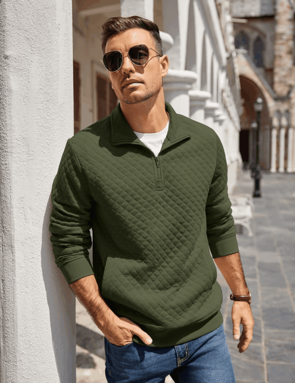 Mens Quarter Zip Pullover Quilted Sweatshirt Knit Long Sleeve Mock Neck Sweater Polo with Pocket - Image 3