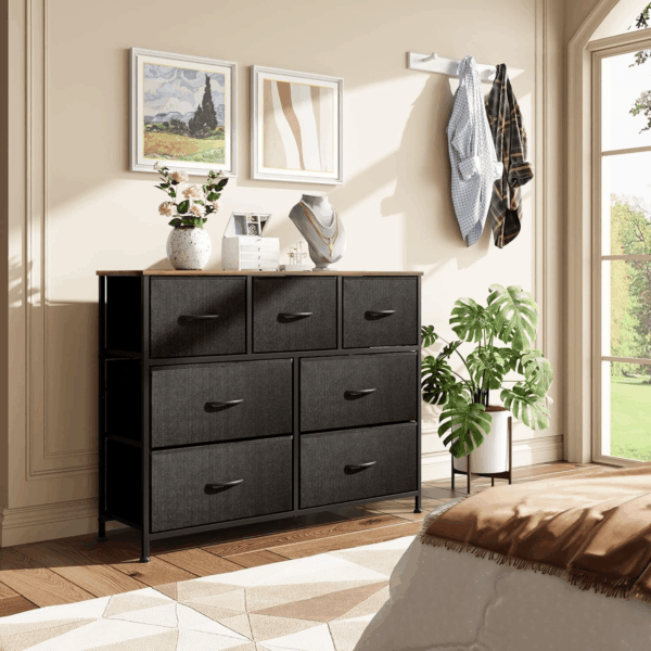 7 Drawer Dresser TV Stand, Entertainment Center, Media Console Table with Metal Frame and Wood Top for TV up to 45 Inch, Chest of Drawers for Bedroom, Living Room, Black and Rustic Brown - Image 9