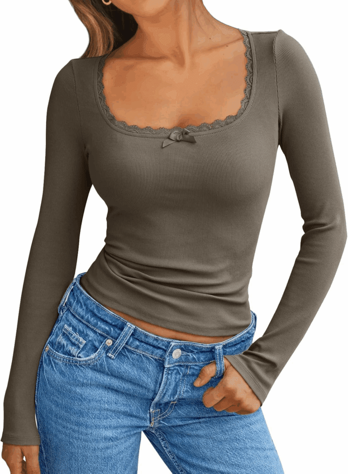 Womens Long Sleeve Shirts Crop Square Neck Ribbed Tops Basic Slim Fit Y2K Fall Winter Clothes Outfits 2025