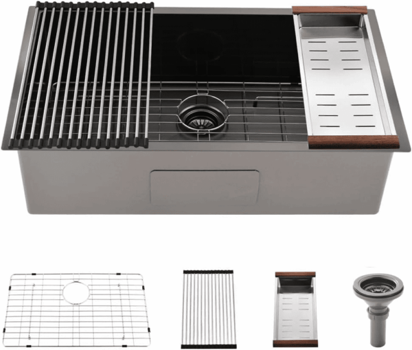 27 Inch Black Undermount Sink - 27X19 Undermount Kitchen Sink Deep Single Bowl Stainless Steel Black Kitchen Sink with Colander