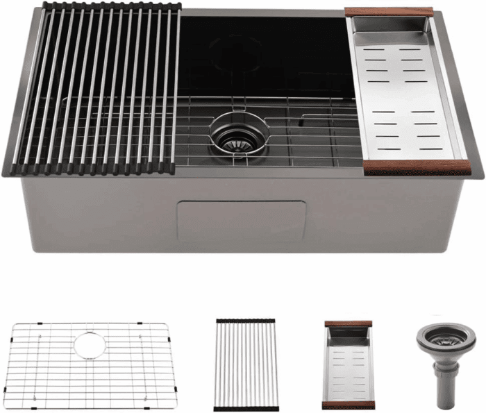 27 Inch Black Undermount Sink - 27X19 Undermount Kitchen Sink Deep Single Bowl Stainless Steel Black Kitchen Sink with Colander