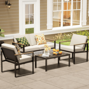 4 Pieces Patio Furniture Sets,Metal Outdoor Patio Furniture Sets,Outdoor Sectional Patio Conversation Set,Wooden Anti-Scald Armrest,Sling Mesh,4" Olefin Cushions