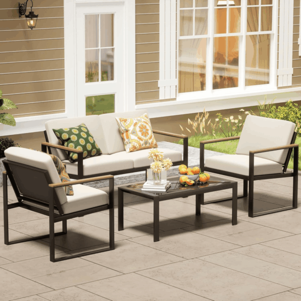 4 Pieces Patio Furniture Sets,Metal Outdoor Patio Furniture Sets,Outdoor Sectional Patio Conversation Set,Wooden Anti-Scald Armrest,Sling Mesh,4" Olefin Cushions