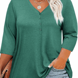 Women plus Size Tops V Neck 3/4 Sleeve Casual T Shirts Loose Basic Tunic Tees