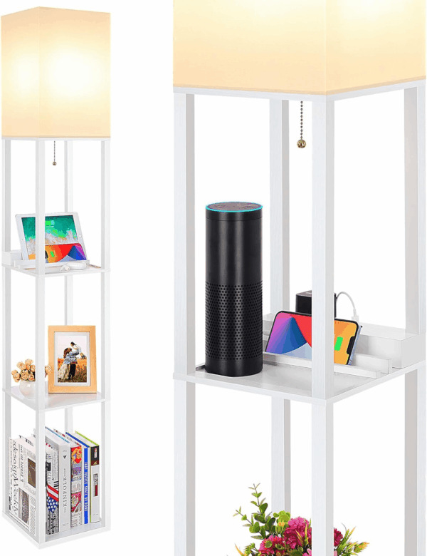 Shelf Lamp, Modern Standing Lights with 1 USB Port and 1 Type C Port and 1 Power Outlet, 3-Tiered Display Floor Lamps with Shelves for Living Room, Bedroom, Office - White