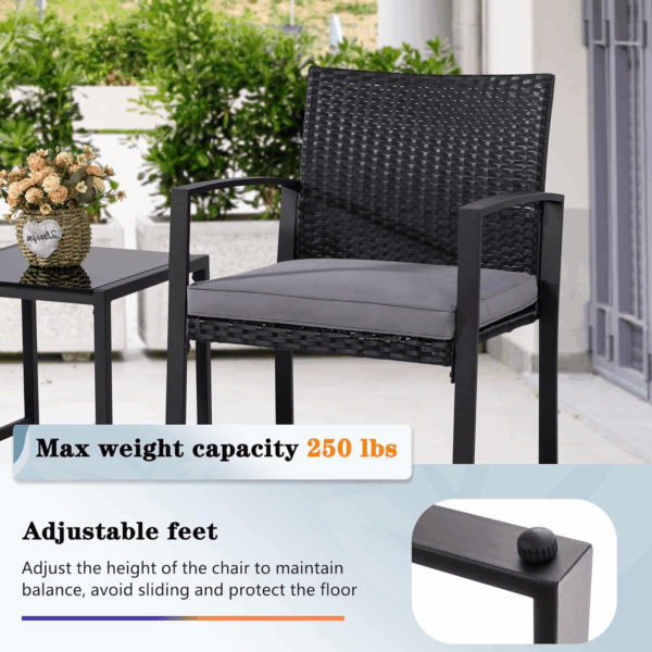 3 Pieces Outdoor Patio Furniture Set, Modern Wicker Bistro Set, Conversation Rattan Chair of 2 with Coffee Table for Yard Porch Poolside Lawn(Grey Cushion) - Image 5