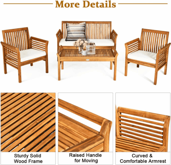 4 Piece Outdoor Acacia Wood Sofa Set with Water Resistant Cushions, Padded Patio Conversation Table Chair Set W/Coffee Table for Garden, Backyard, Poolside (1) - Image 9