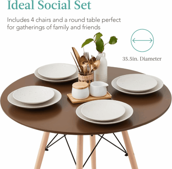 5-Piece Dining Set, Compact Mid-Century Modern Table & Chair Set for Home, Apartment W/ 4 Chairs, Plastic Seats, Wooden Legs, Metal Frame - Brown/Oak - Image 3