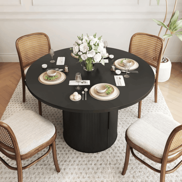 47 Inch round Dining Table for 4, Kitchen Table Dinner Table with 2-Layer Storage Shelf and Wood Slide Door for Home Dining Room Living Room (Black) - Image 3