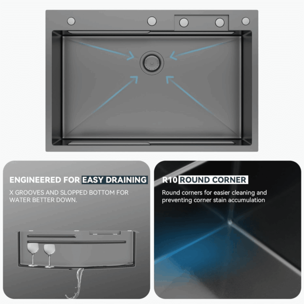 33 Drop Kitchen Sink with Faucet Combo 33"X22" Waterfall Kitchen Sink Workstation Gunmetal Black 16 Gauge Single Bowl Topmount Handmade Sinks with Pull Out Faucet, Glass Rinser Included - Image 8