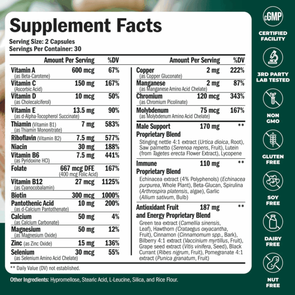 Multivitamin for Men - Daily Mens Multivitamins & Multiminerals with Vitamin D, Vitamin C, B12 Zinc & More. Essential Vitamins for Men for Energy, Focus, Stamina, Performance, Mens Health. 60 Capsules - Image 3