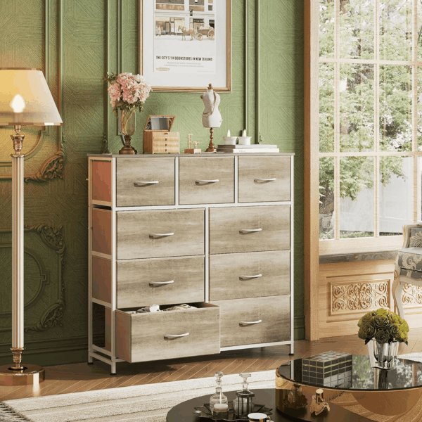 9-Drawer Dresser, Fabric Storage Tower for Bedroom, Hallway, Nursery, Closet, Tall Chest Organizer Unit with Fabric Bins, Steel Frame, Wood Top, Easy Pull Handle, Greige - Image 2