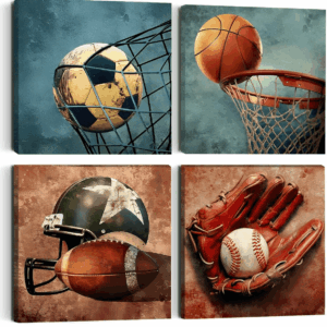 4PC Sports Canvas Wall Art Framed Boys Room Decor Rustic Football Baseball Basketball Soccer Wall Decor Sport Theme Posters Vintage Canvas Prints Picture Artwork Playroom Boys Bedroom Decor