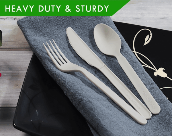 150 Count 7" Heavy-Duty Compostable Utensils,50 Forks 50 Spoons 50 Knives Cutlery Set,Bpi Certified Large Disposable Flatware Set - Image 3